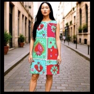 Paper Heart Dress Womens M Tarot Pop Art Shift Colorful Sleeveless Linen